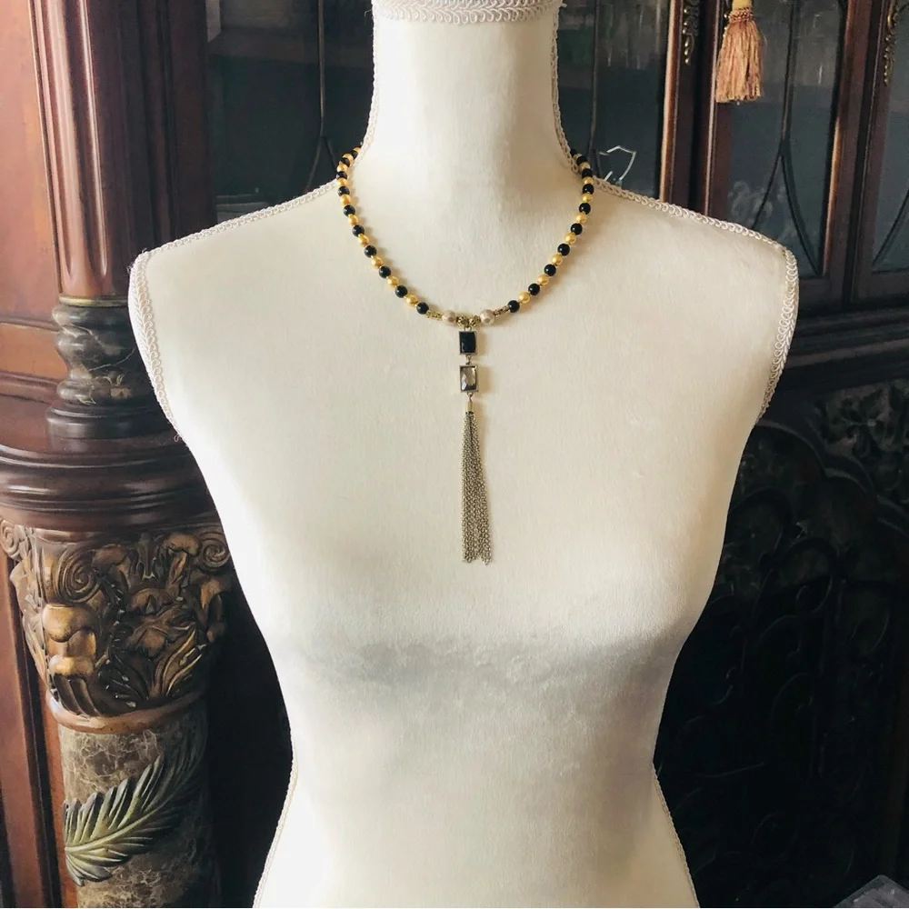 Handcrafted repurpose black and gold chain fringe Czech glass Pearl necklace